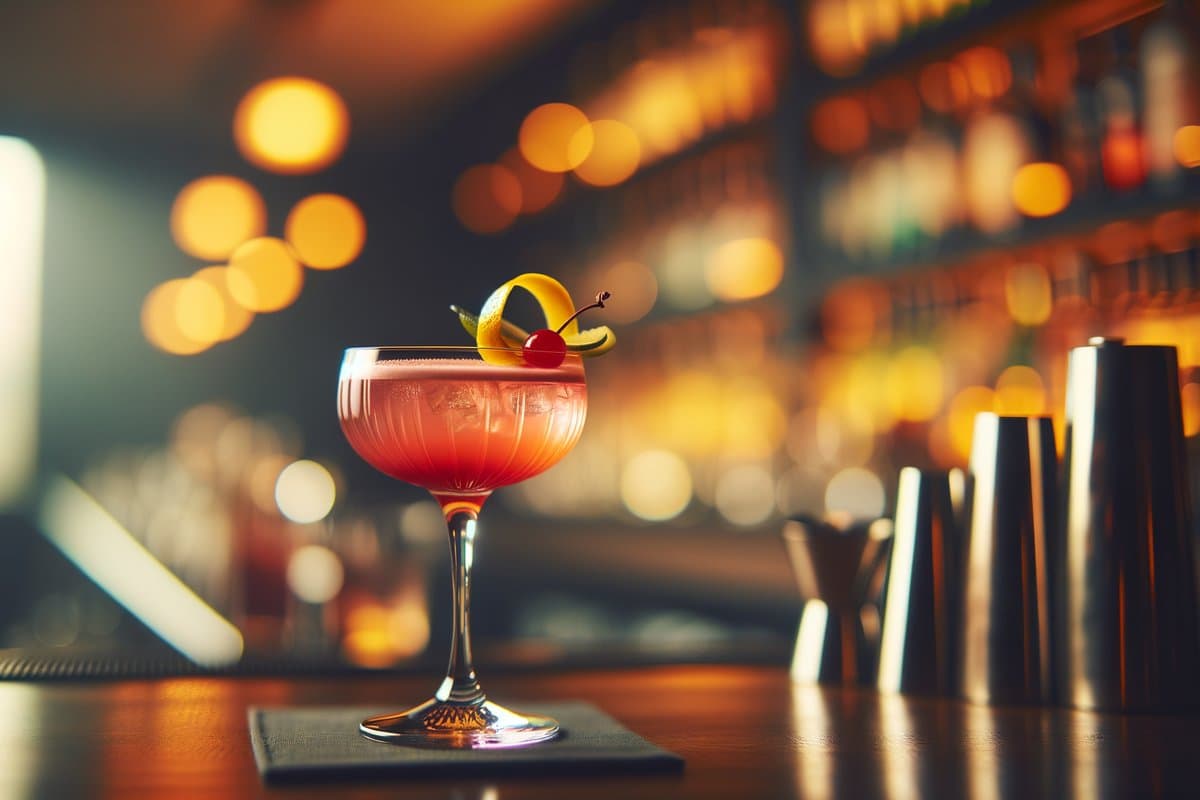 Bijou cocktail - gin-based served in coupe glass with lemon twist or cherry