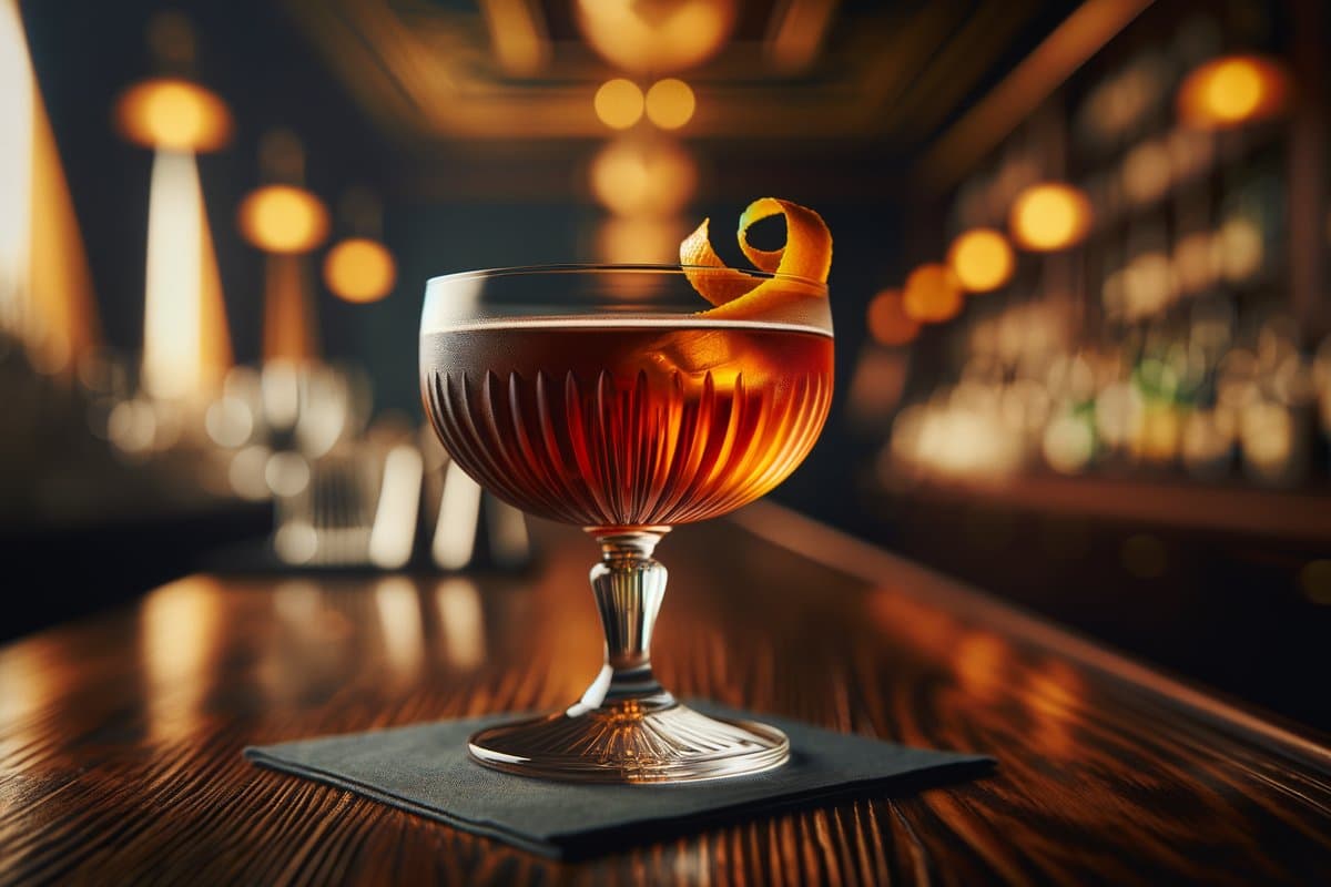 Boulevardier cocktail - whiskey-based served in coupe glass with orange peel