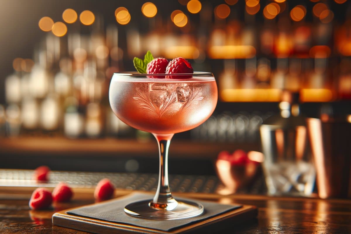 Clover Club cocktail - gin-based served in coupe glass with fresh raspberries