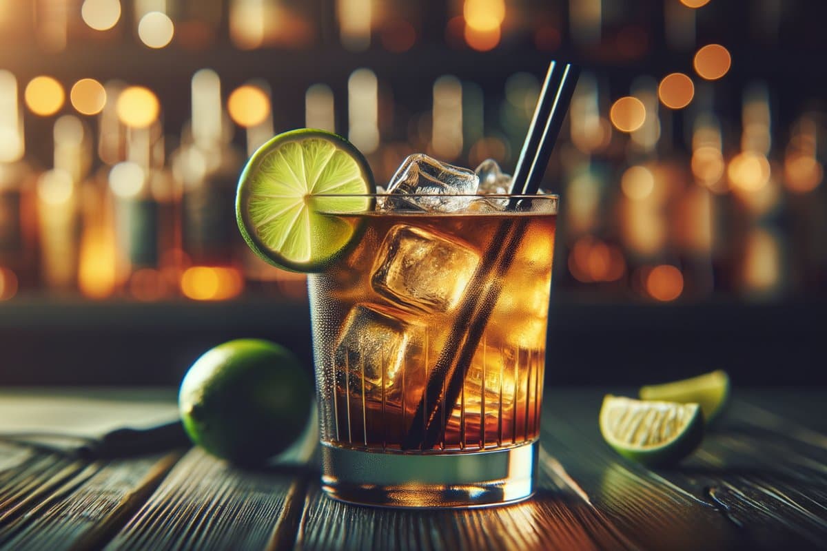 Cuba Libre cocktail - rum-based served in highball glass with lime wedge