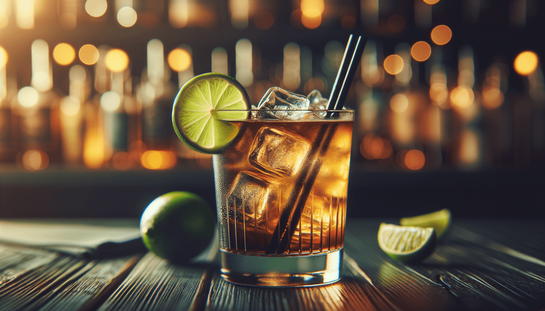 Cuba Libre cocktail - rum-based served in highball glass with lime wedge