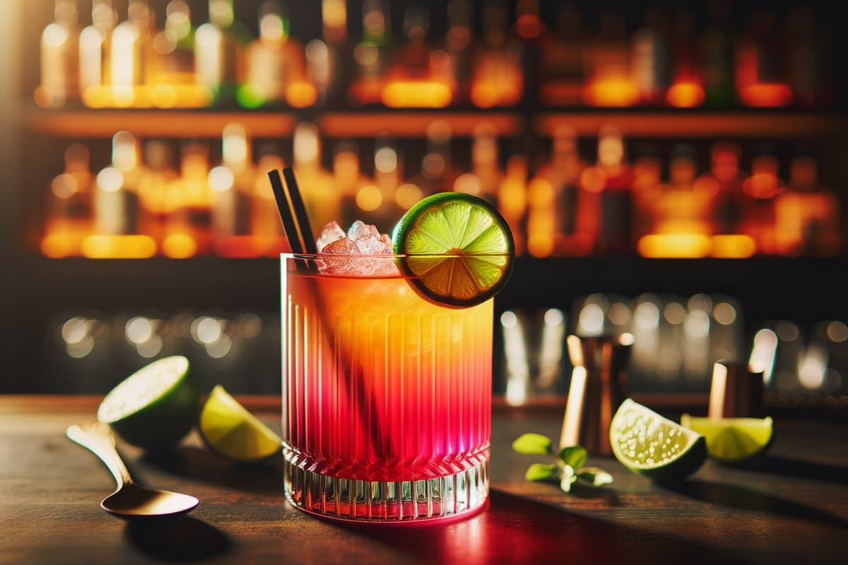 El Diablo cocktail - tequila-based served in highball glass with lime wheel