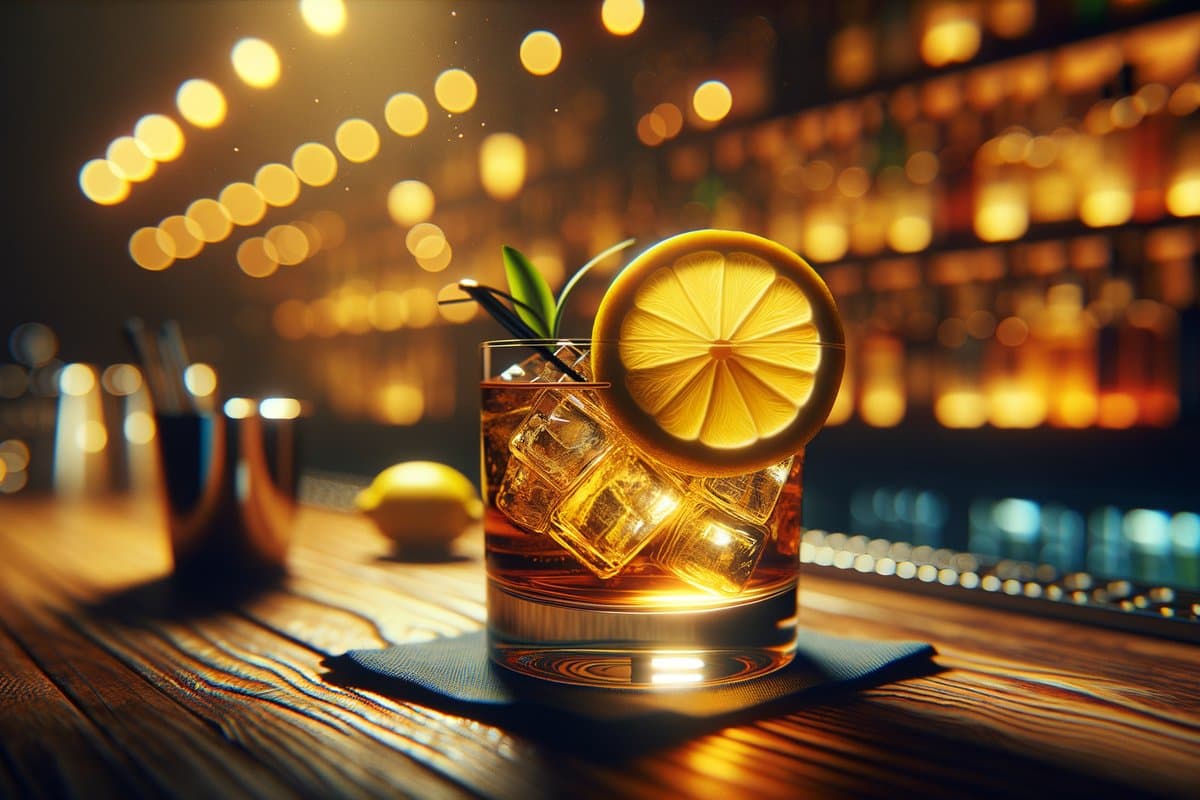 Gold Rush cocktail - whiskey-based served in rocks glass with lemon wheel