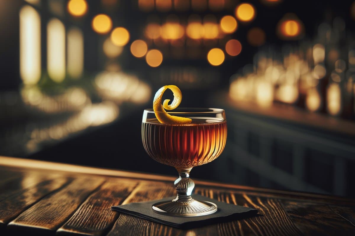 Haystack cocktail - whiskey-based served in nick-and-nora with lemon twist