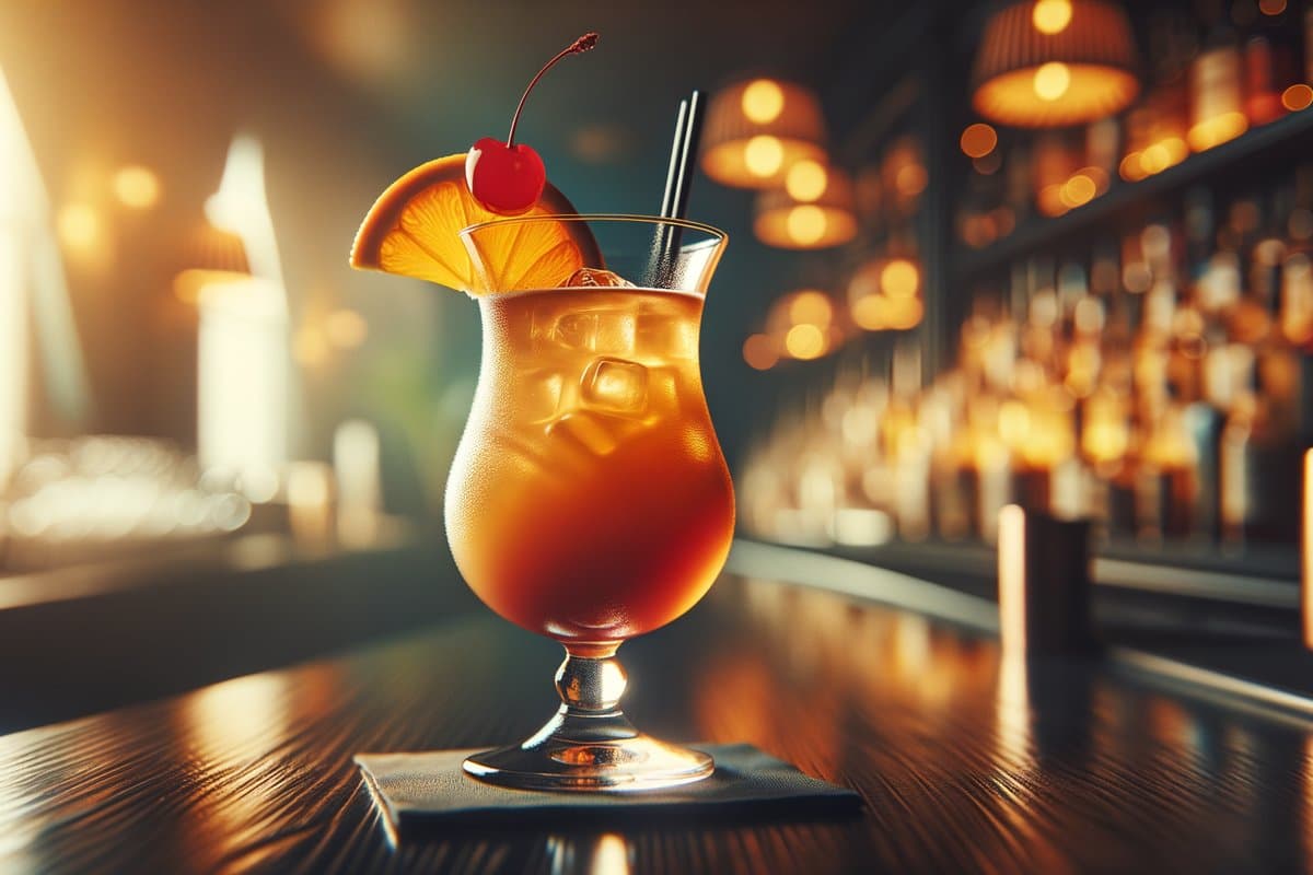 Hurricane cocktail - rum-based served in hurricane glass with orange slice and cherry