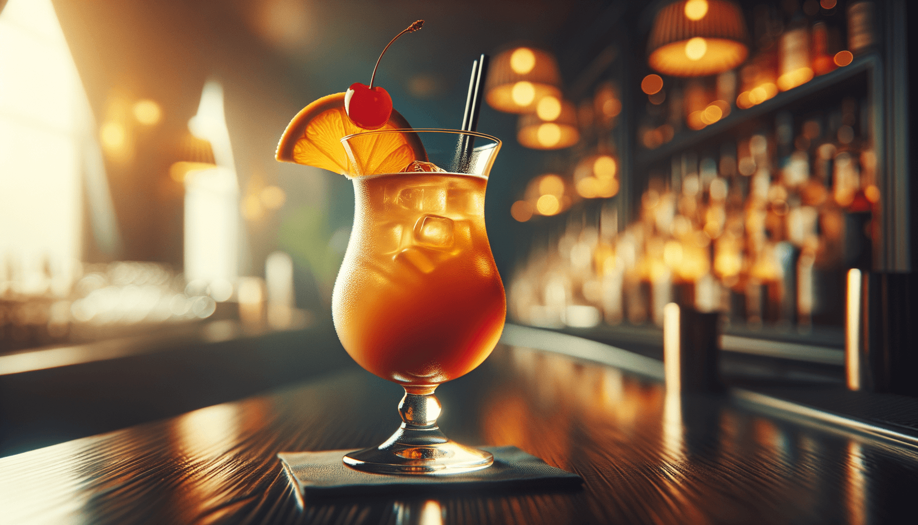 Hurricane cocktail - rum-based served in hurricane glass with orange slice and cherry