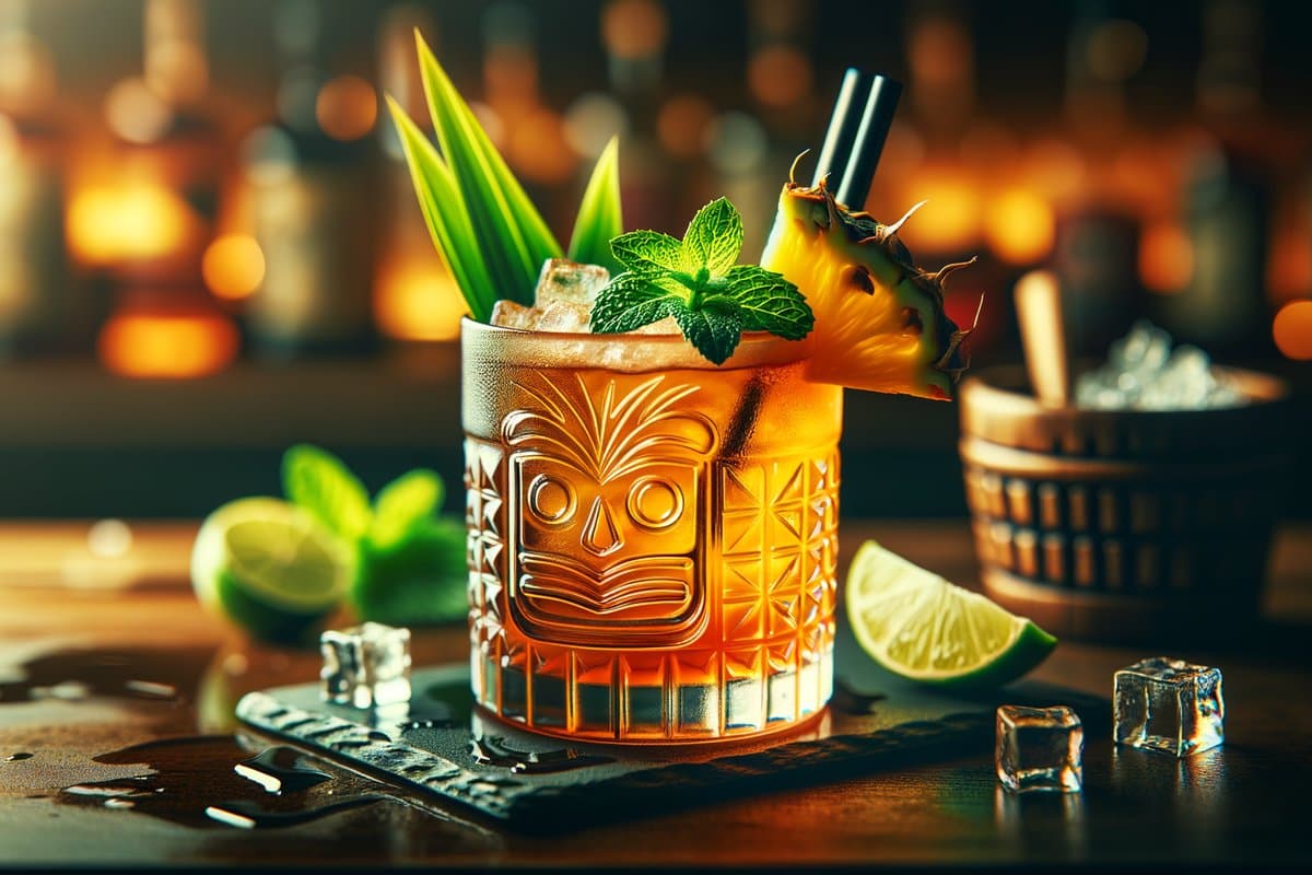 Mai Tai cocktail - rum-based served in Rocks Glass or Tiki Mug with Mint sprig, lime wheel, pineapple