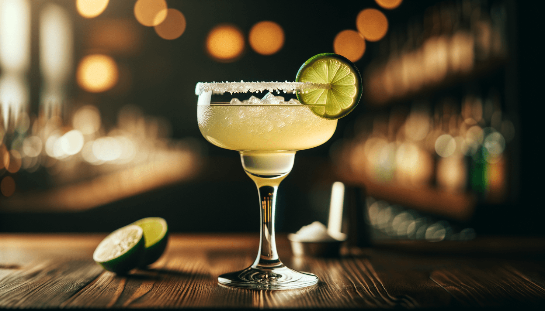 Margarita cocktail - tequila-based served in Coupe or Rocks Glass with Lime wheel, salt rim