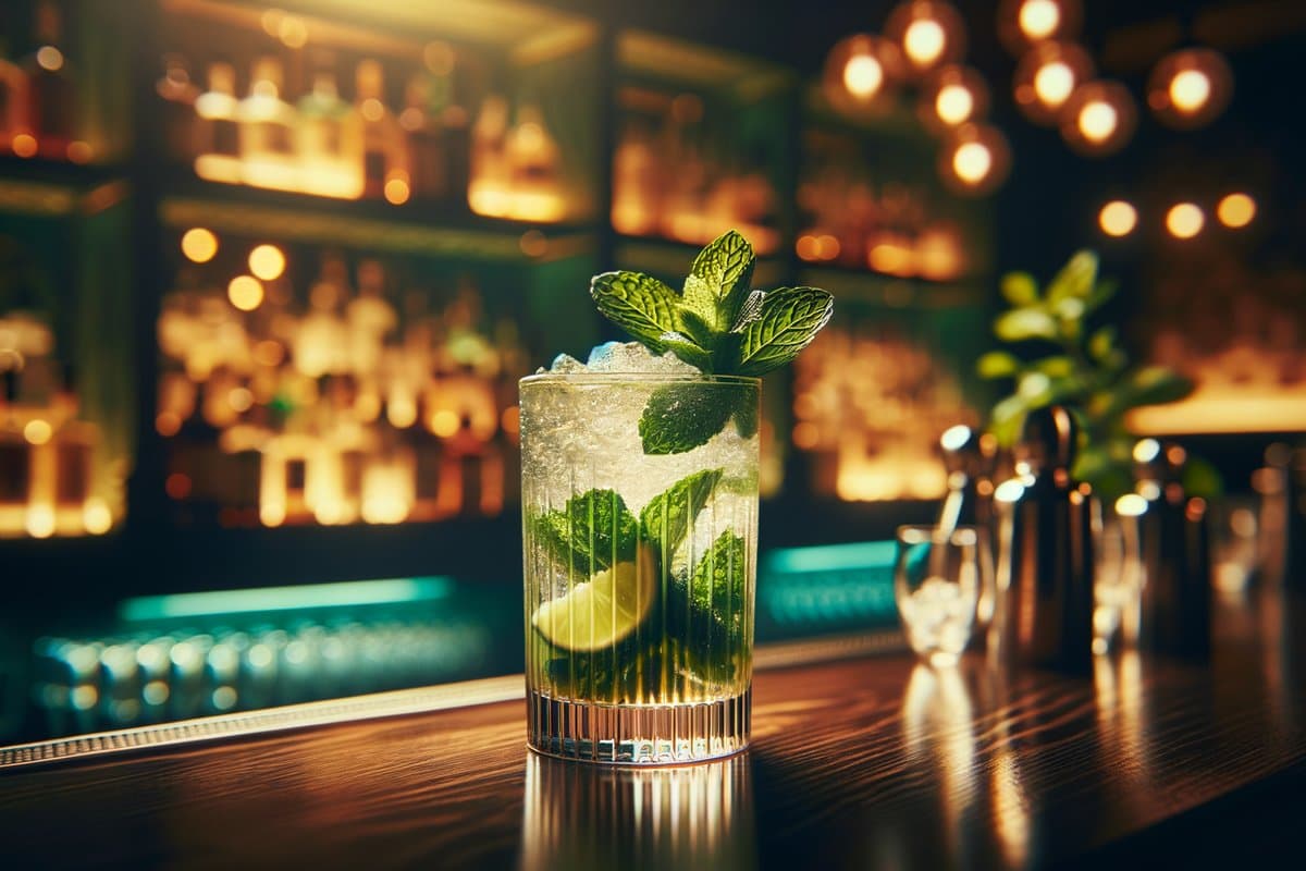 Mojito cocktail - rum-based served in Highball Glass with Mint sprig, lime wheel