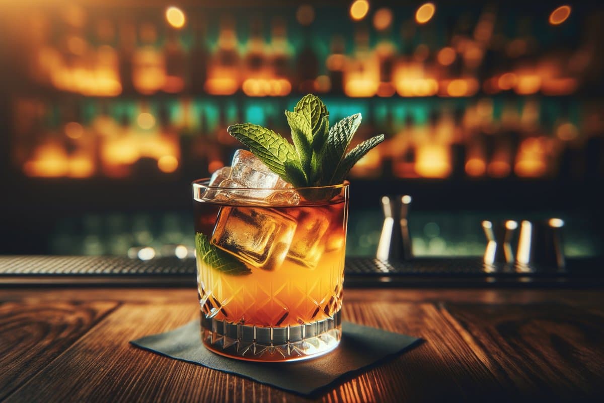 Navy Grog cocktail - rum-based served in double rocks glass with mint sprig