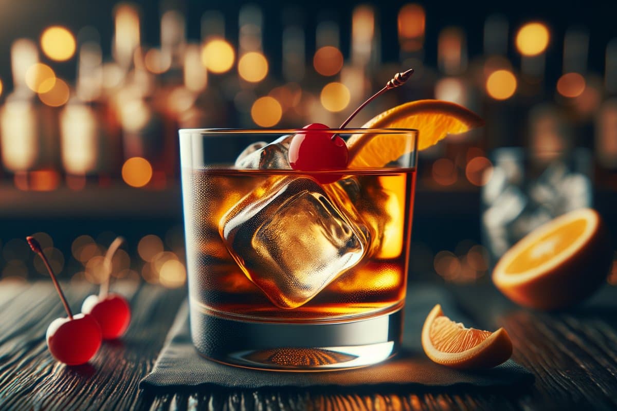 Old Fashioned cocktail - whiskey-based served in Rocks Glass with Orange peel, cherry
