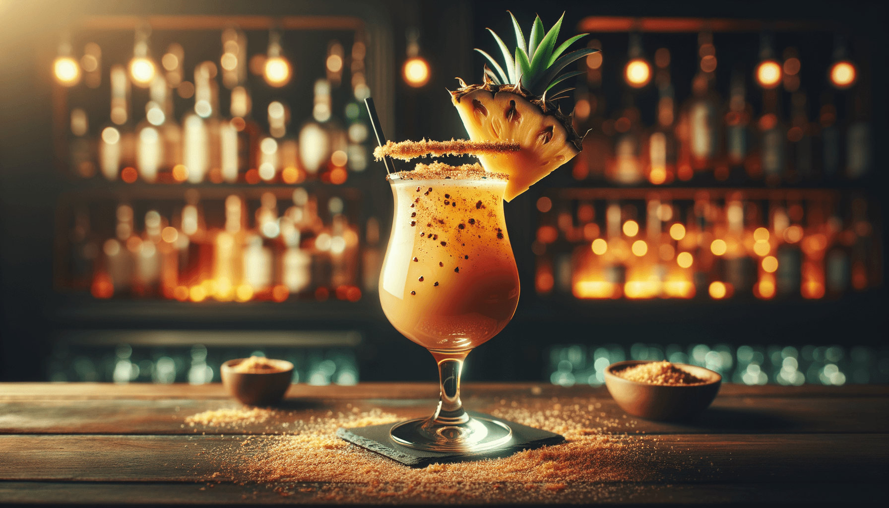 Painkiller cocktail - rum-based served in hurricane glass with pineapple wedge and nutmeg