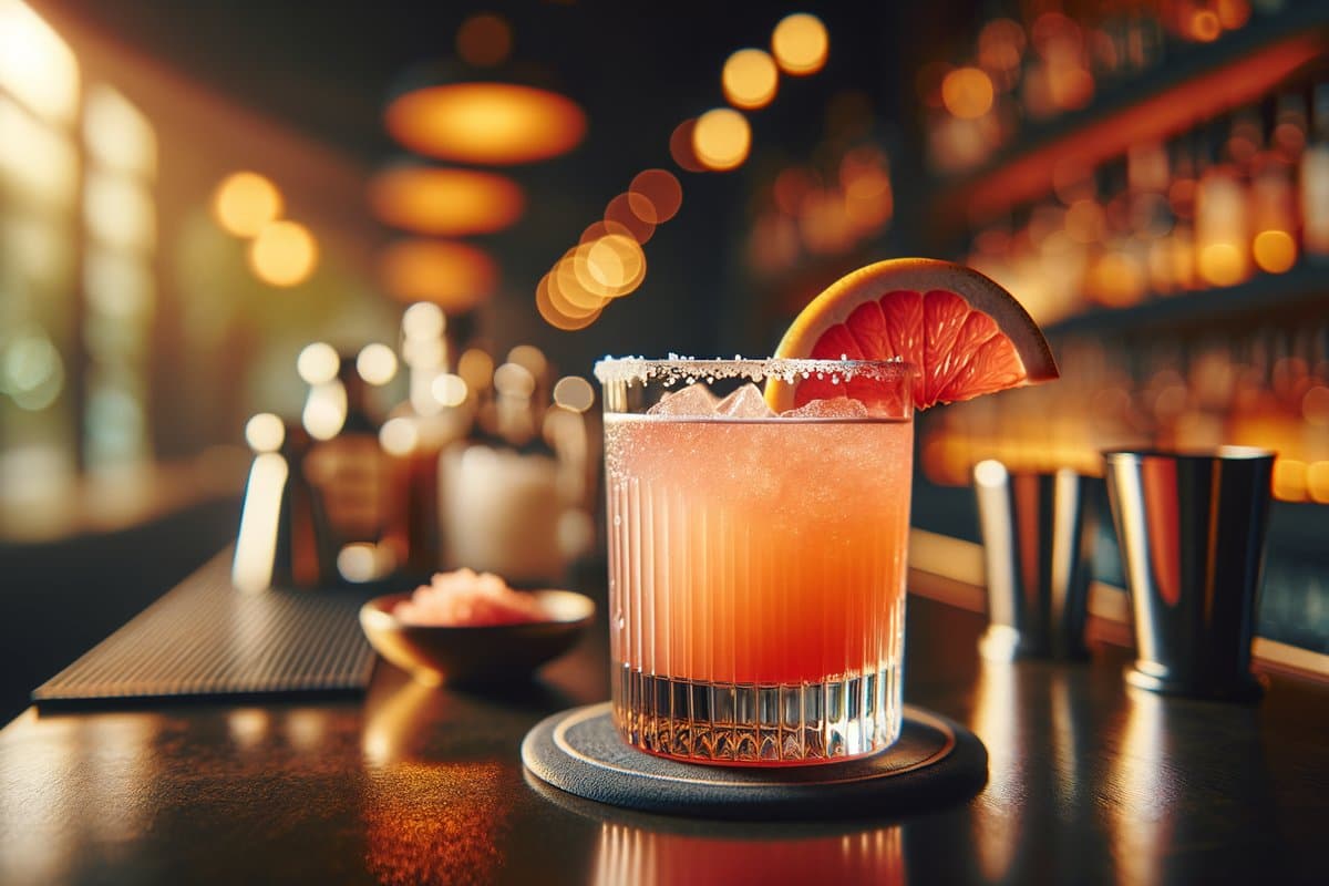 Paloma cocktail - tequila-based served in Highball Glass with Grapefruit wedge, salt rim