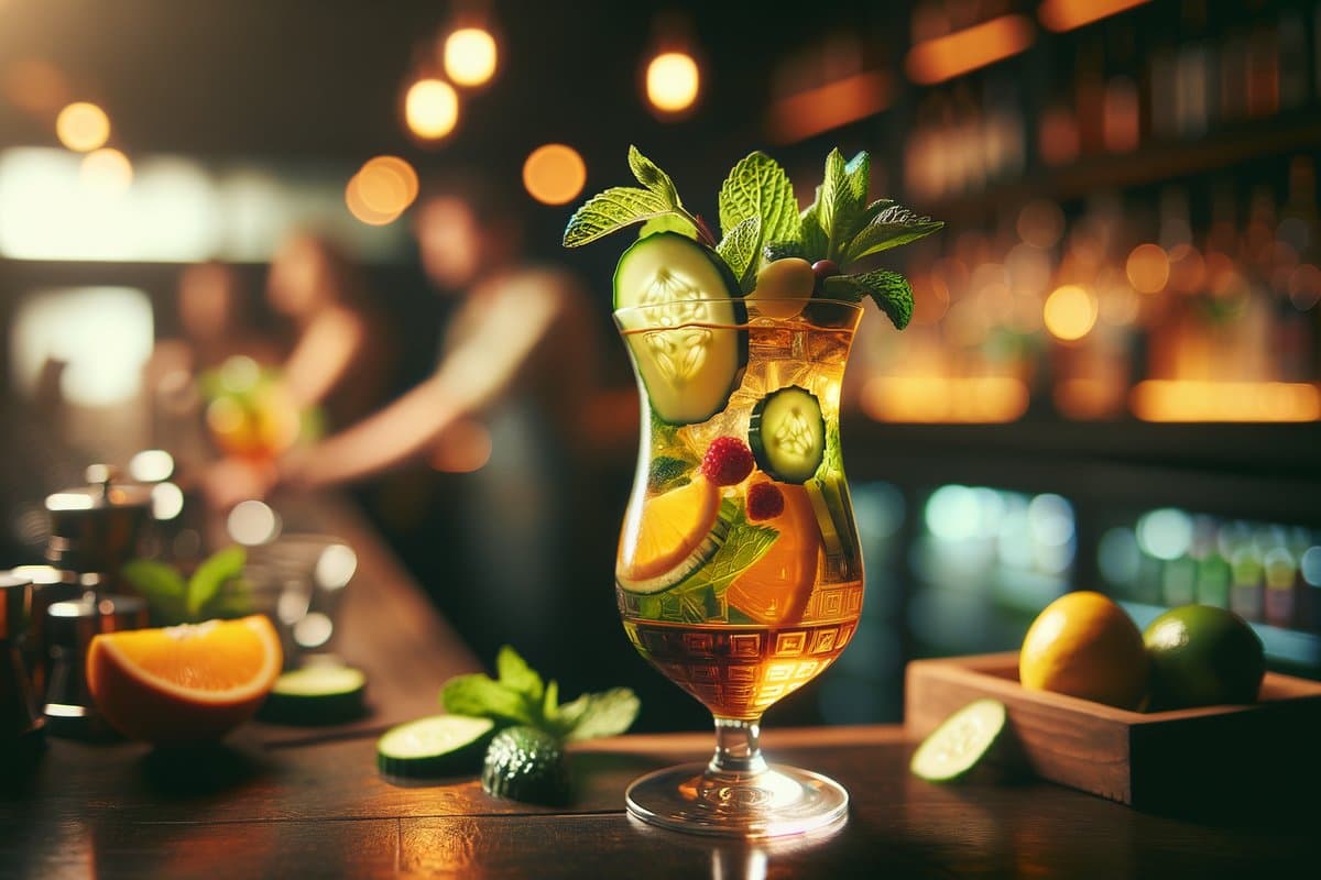 Pimm's Cup cocktail - liqueur-based served in highball glass with cucumber, mint, fruit