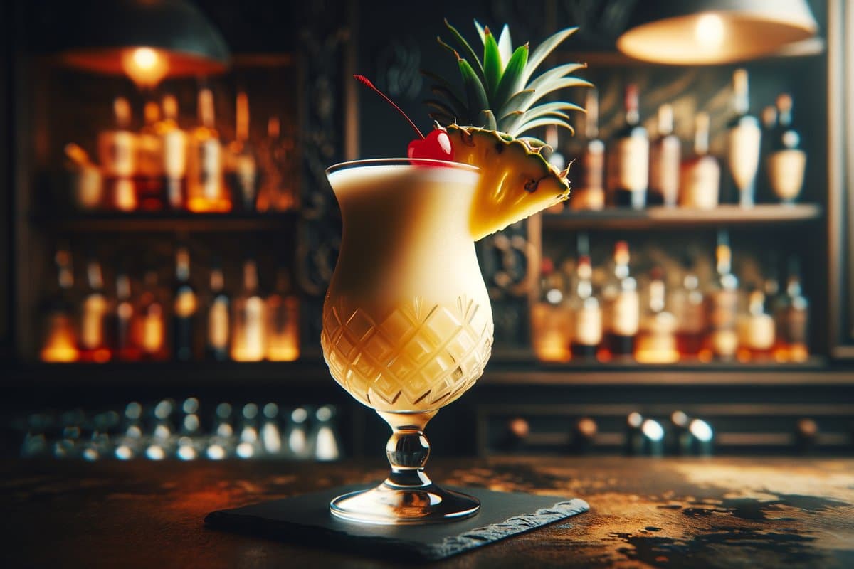 Piña Colada cocktail - rum-based served in hurricane glass with pineapple wedge and cherry