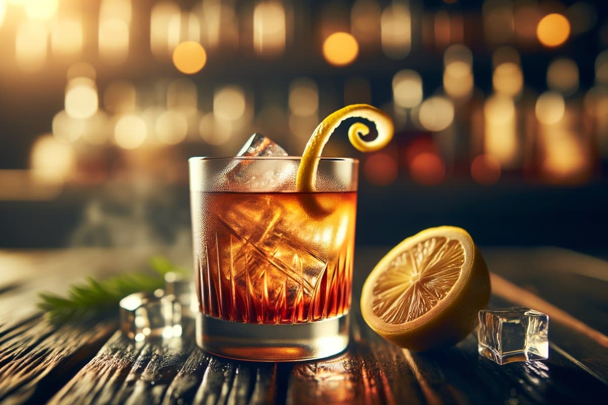 Rusty Nail cocktail - whiskey-based served in rocks glass with lemon twist (optional)