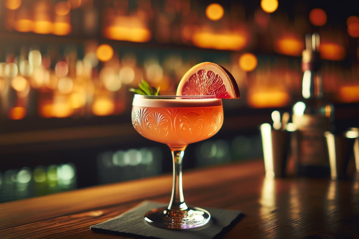 Siesta cocktail - tequila-based served in coupe glass with grapefruit twist