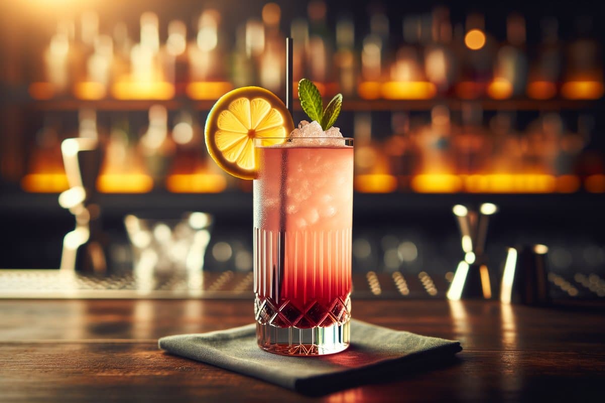 Sloe Gin Fizz cocktail - liqueur-based served in Collins glass with Lemon wedge or wheel