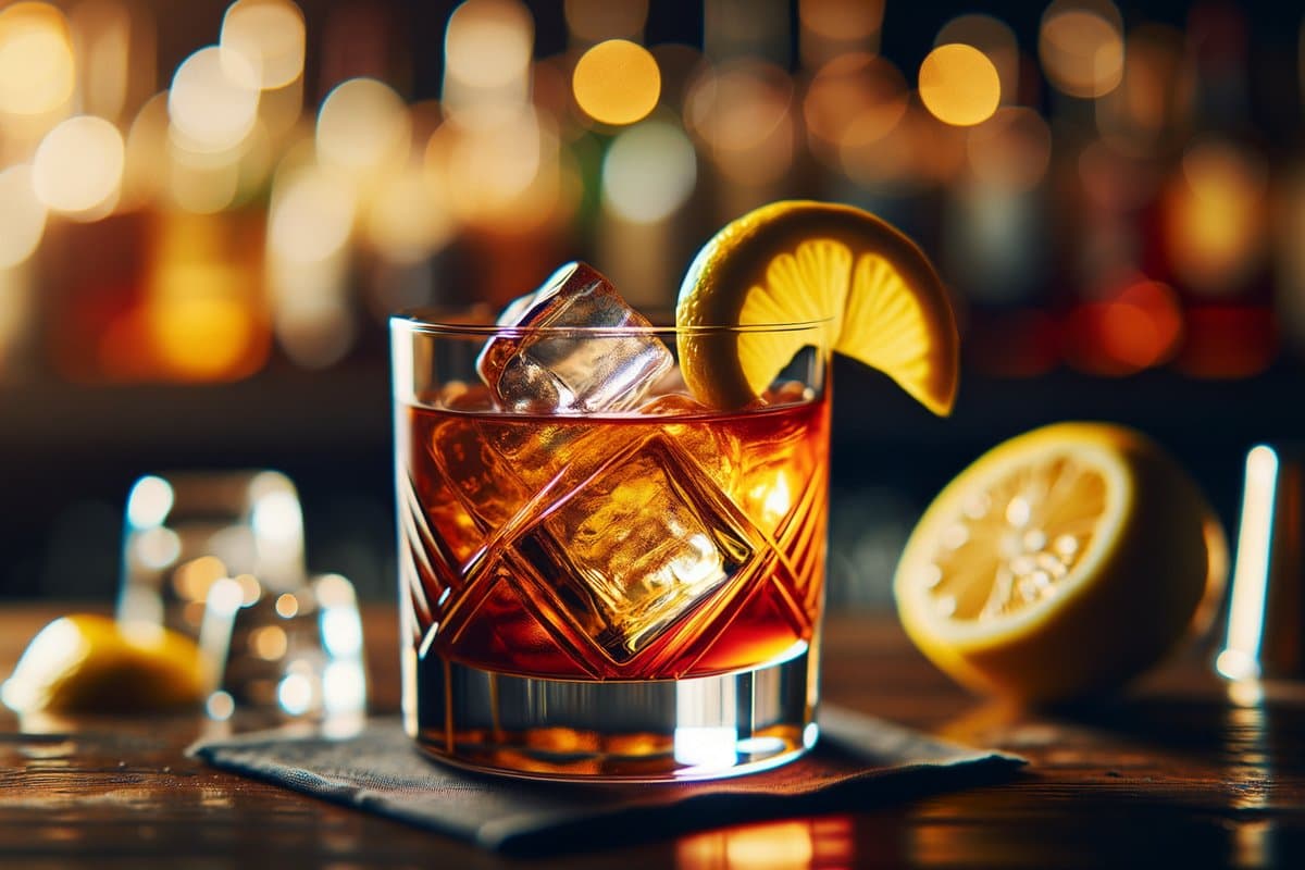Vieux Carré cocktail - whiskey-based served in rocks glass with lemon peel