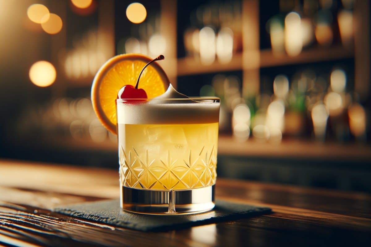 Whiskey Sour cocktail - whiskey-based served in Rocks Glass with Orange wheel, cherry