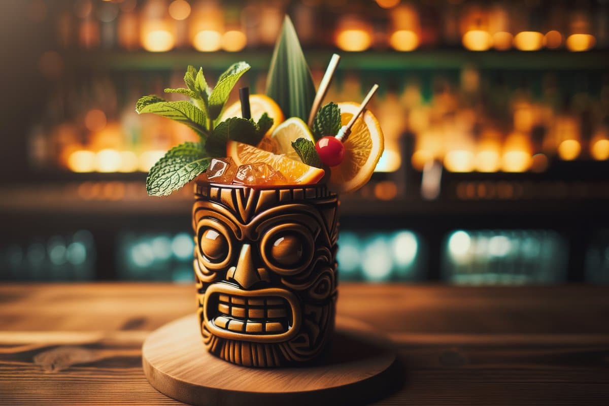 Zombie cocktail - rum-based served in tiki mug with mint sprig and fruit