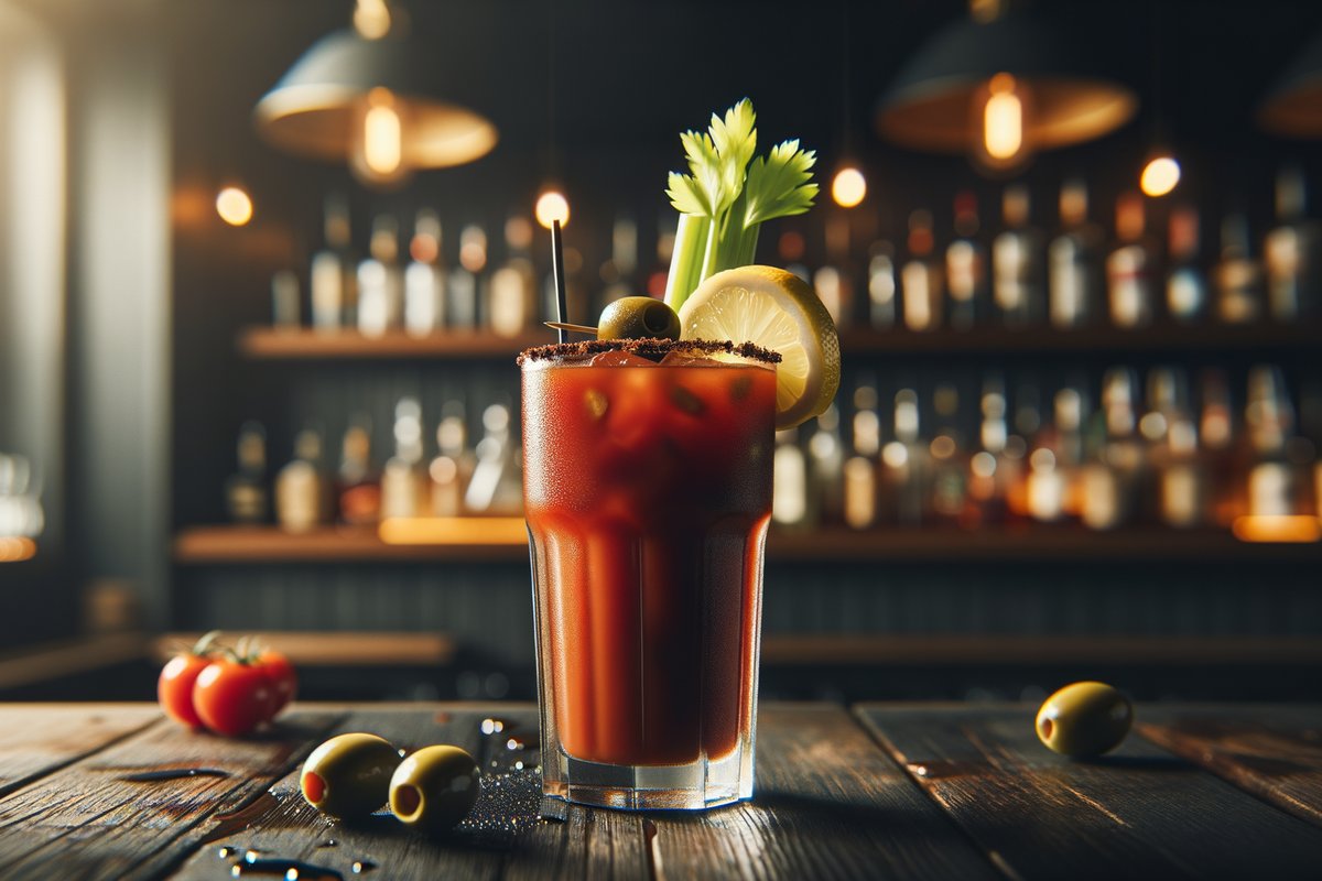 Bloody Mary cocktail - vodka-based served in highball glass with celery stalk, lemon wedge, olives