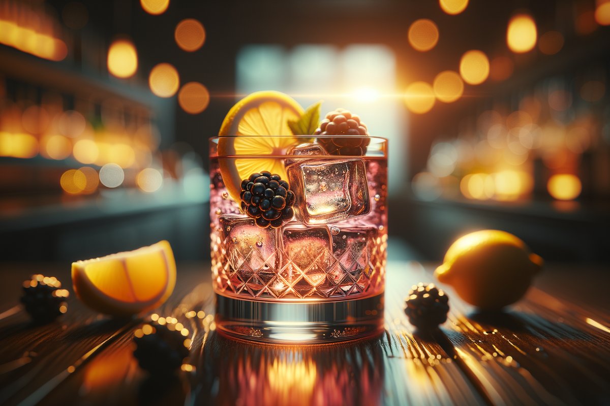 Bramble cocktail - gin-based served in rocks glass with lemon slice and blackberries