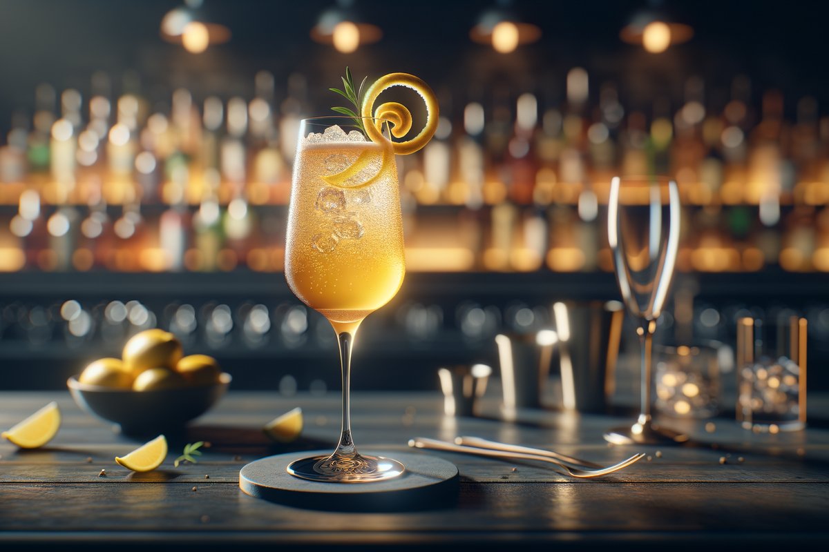 French 75 cocktail - gin-based served in champagne flute with lemon twist