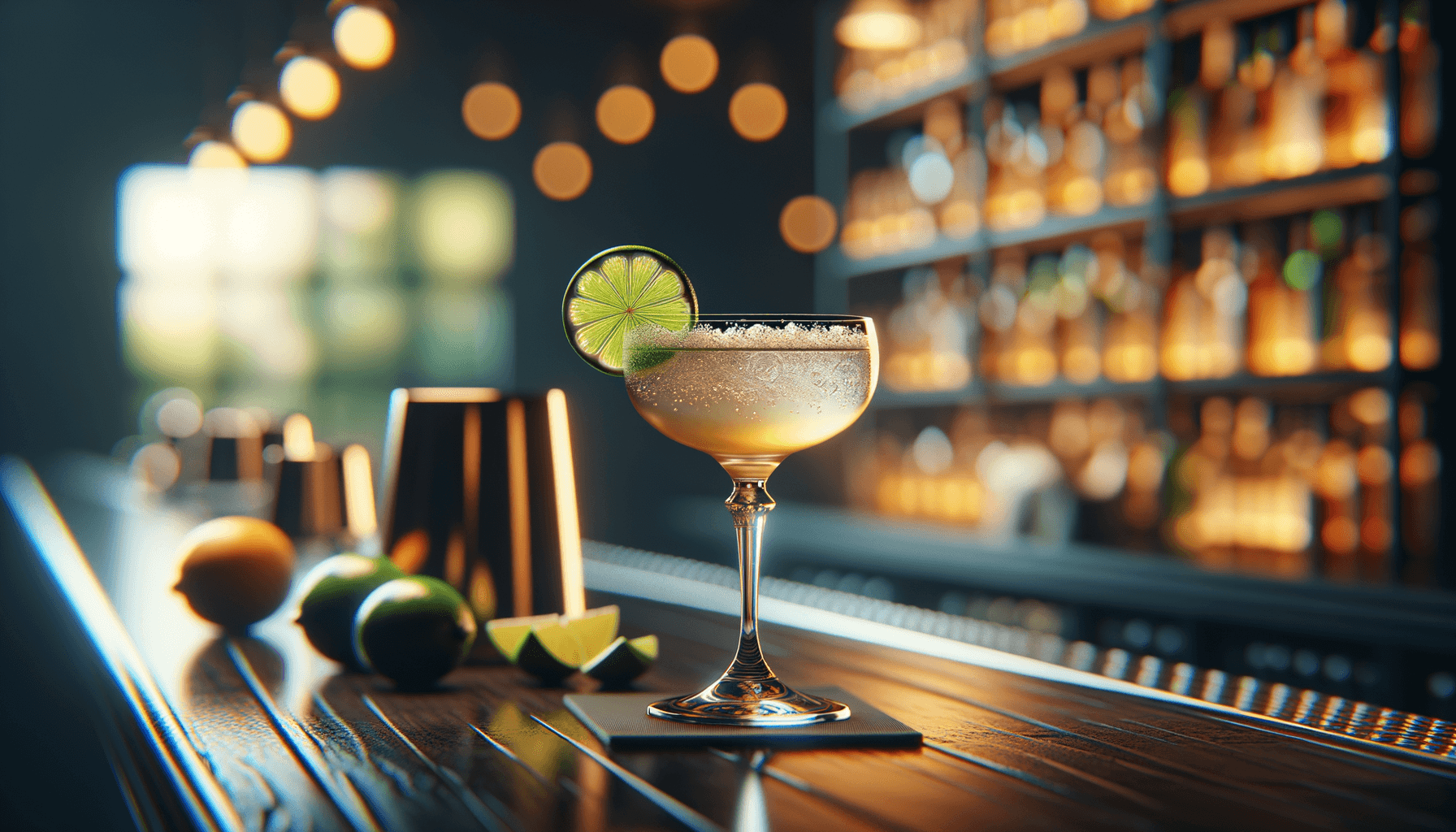 Gimlet cocktail - gin-based served in coupe glass with lime wheel