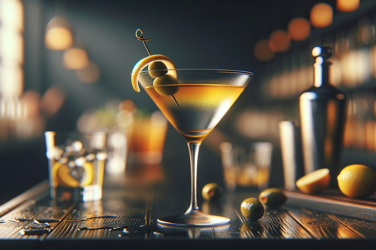 Dirty Martini cocktail - gin-based served in Martini Glass or Coupe with Lemon twist or olive