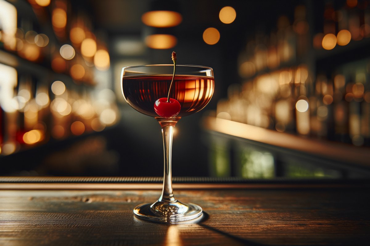Manhattan cocktail - whiskey-based served in Coupe or Martini Glass with Cocktail cherry