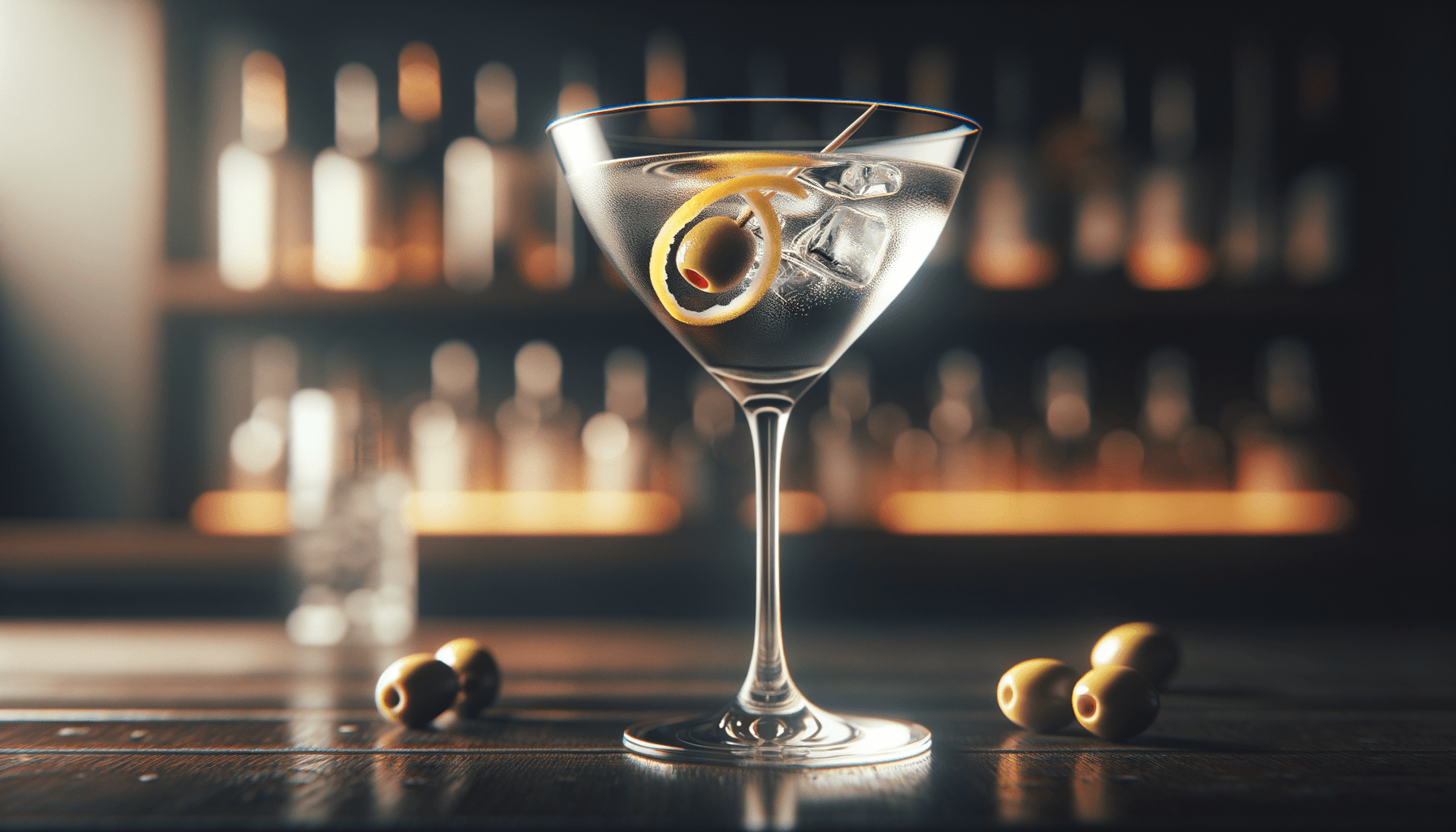 Martini cocktail - gin-based served in martini glass with lemon twist or olives