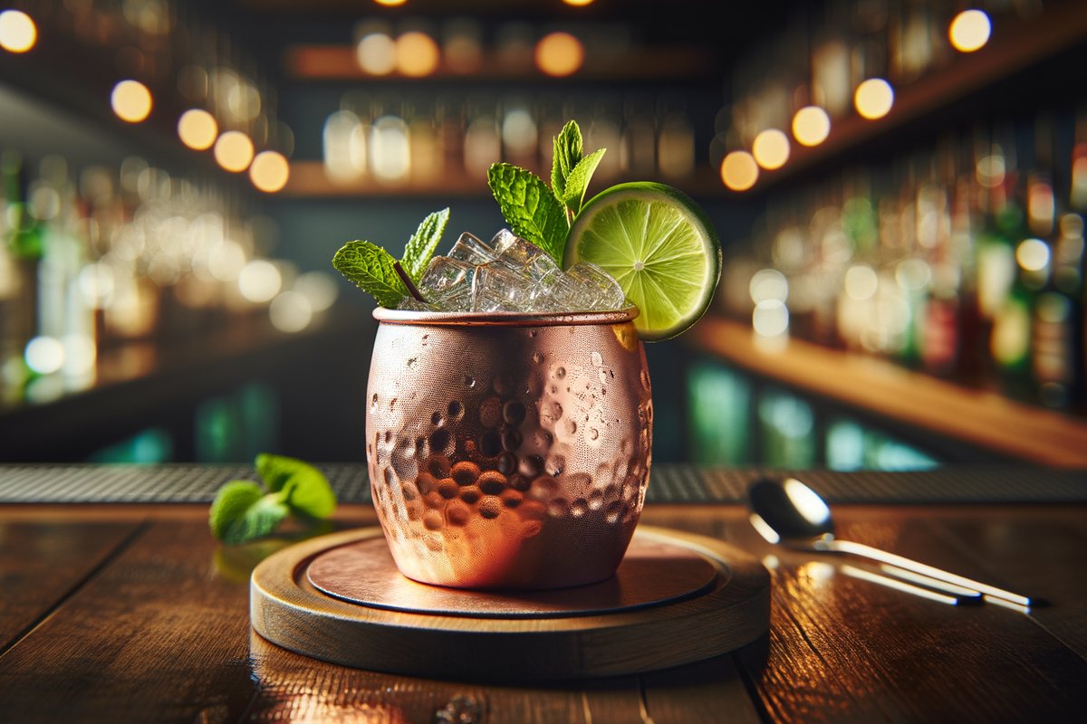 Moscow Mule cocktail - vodka-based served in Copper Mug or Highball with Lime wheel, mint sprig