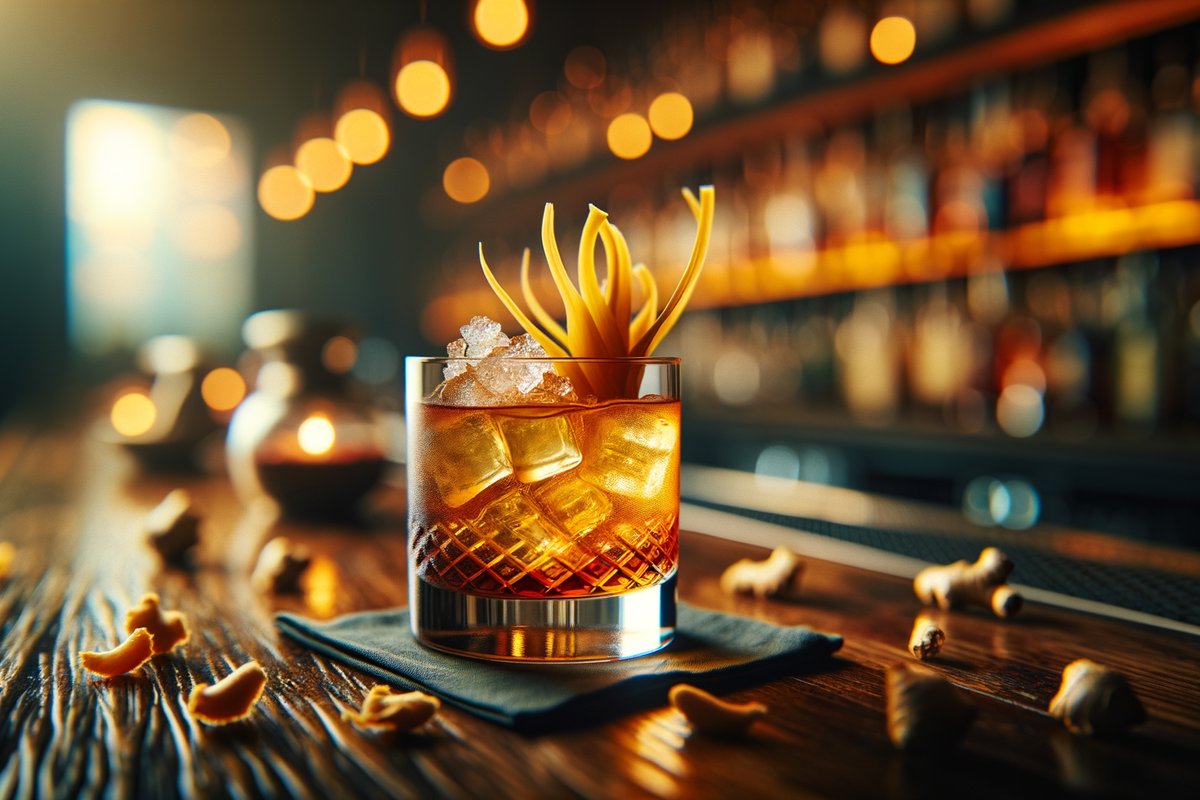Penicillin cocktail - whiskey-based served in rocks glass with candied ginger