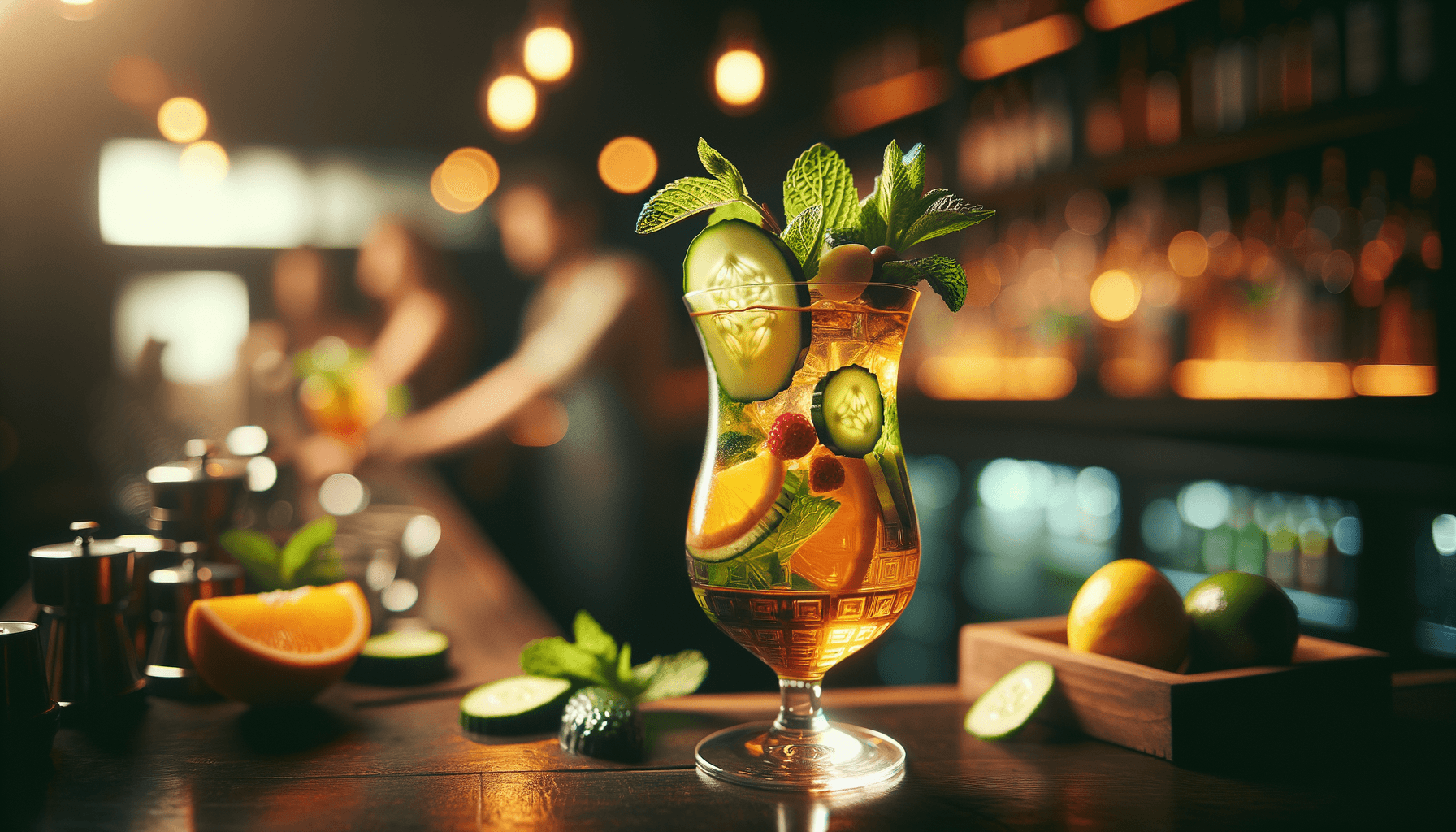 Pimm's Cup cocktail - liqueur-based served in highball glass with cucumber, mint, fruit