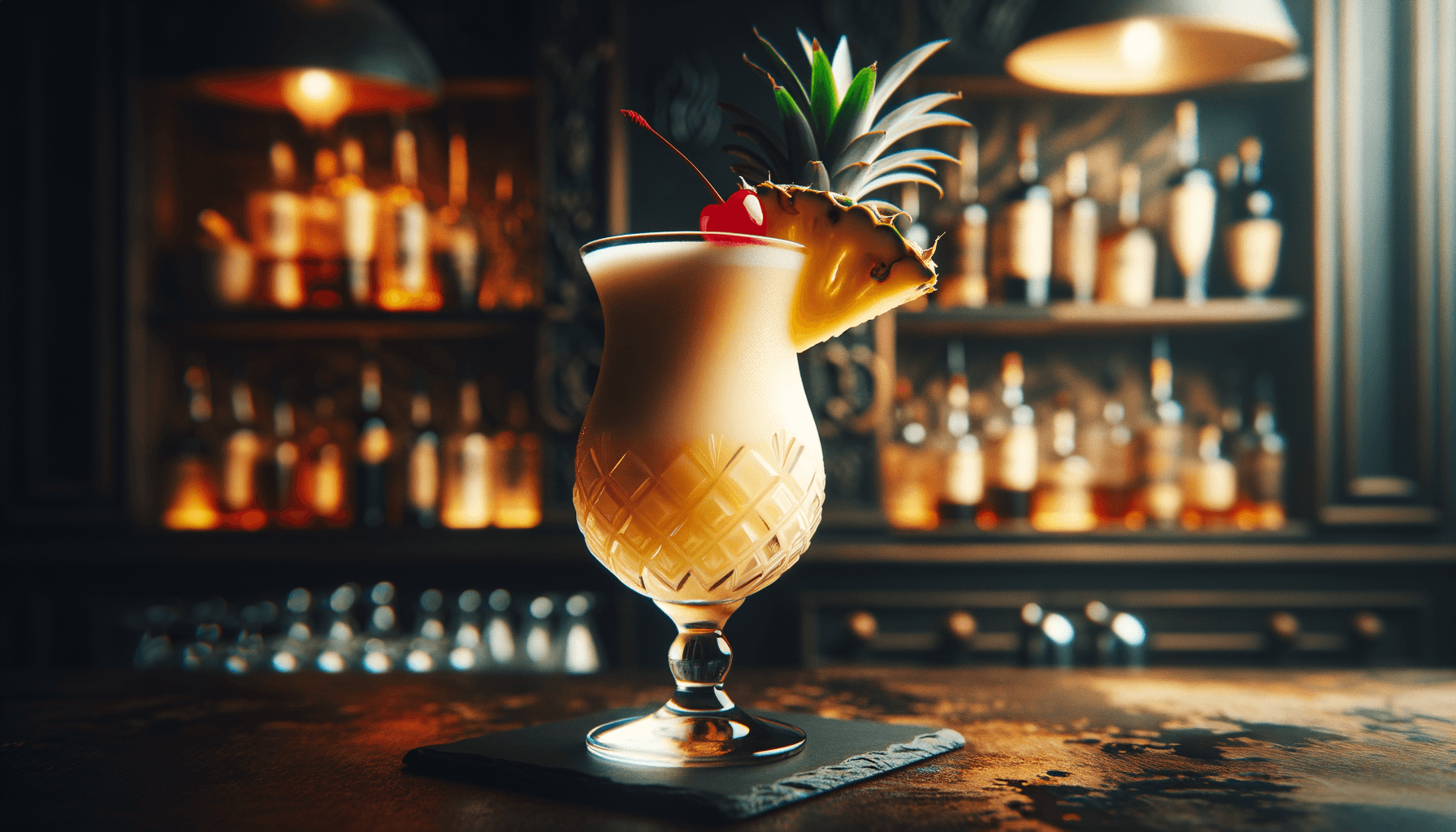 Piña Colada cocktail - rum-based served in hurricane glass with pineapple wedge and cherry