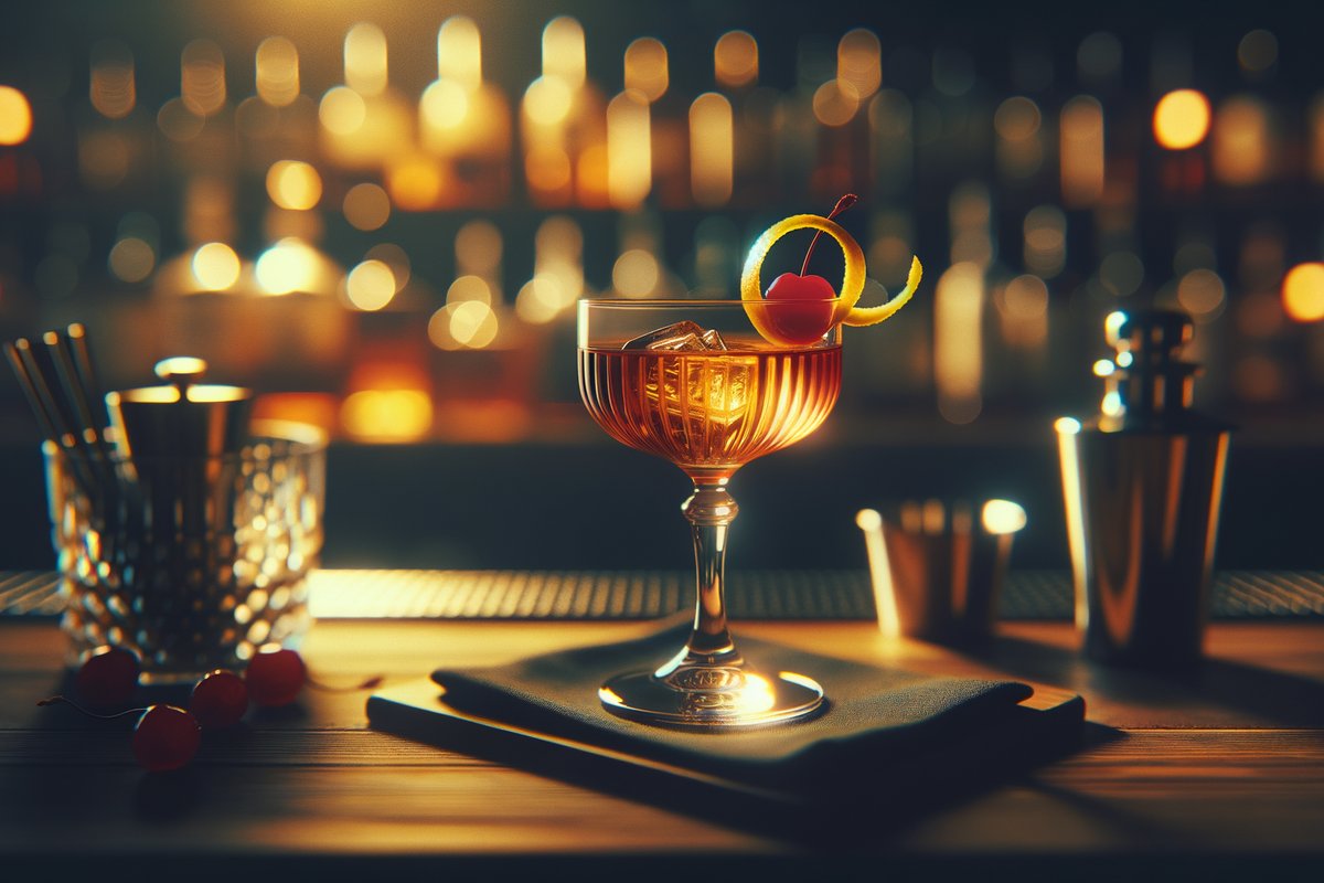 Rob Roy cocktail - whiskey-based served in coupe glass with lemon twist or cherry