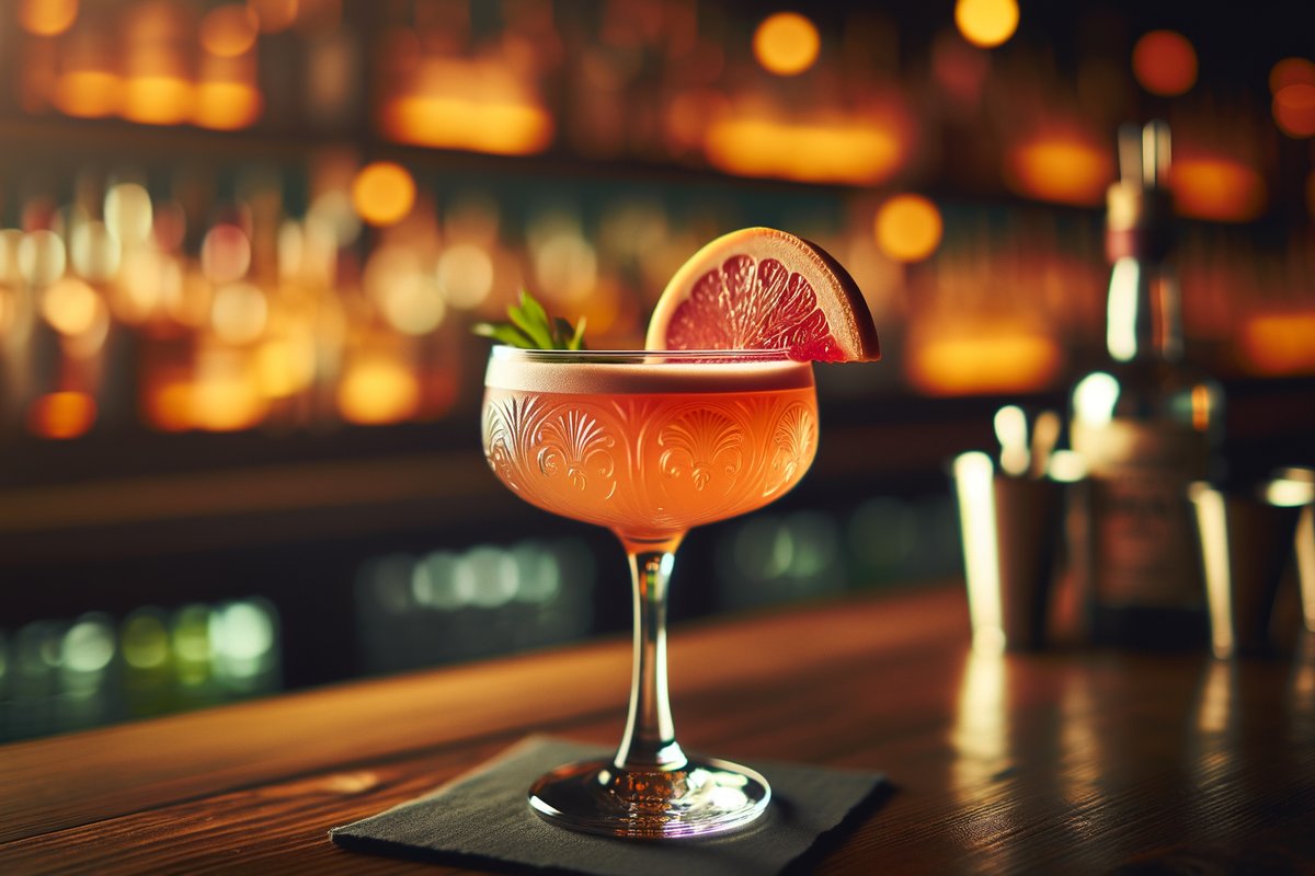 Siesta cocktail - tequila-based served in coupe glass with grapefruit twist