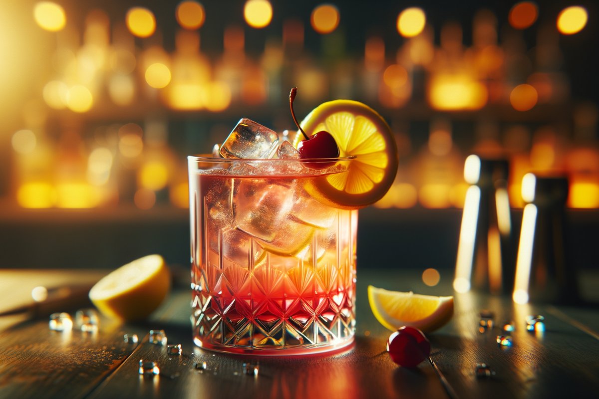 Tom Collins cocktail - gin-based served in Collins Glass with Lemon wheel, cherry