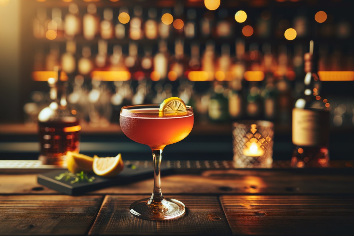 Vieux Mot cocktail - brandy-based served in coupe glass with lemon twist