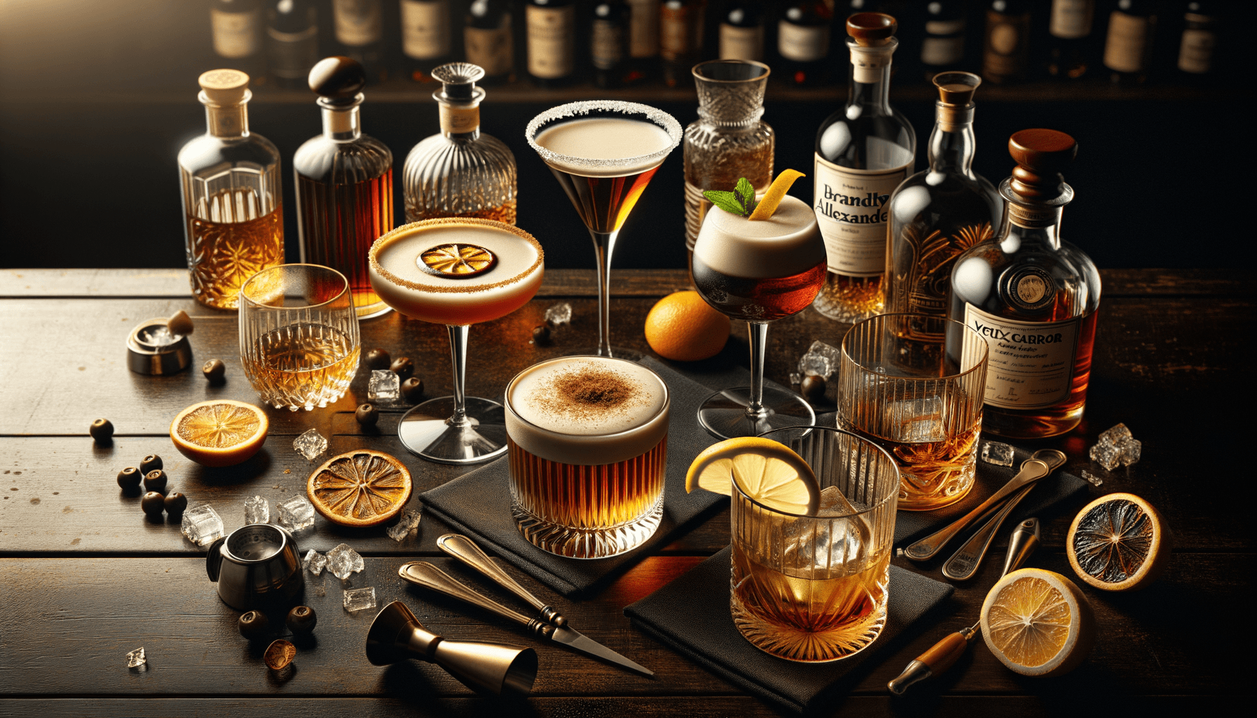 Brandy/Cognac cocktails - collection of classic brandy-based drinks including signature serves and garnishes