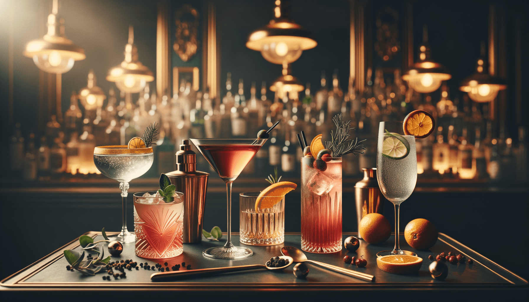 Gin cocktails - collection of classic gin-based drinks including signature serves and garnishes