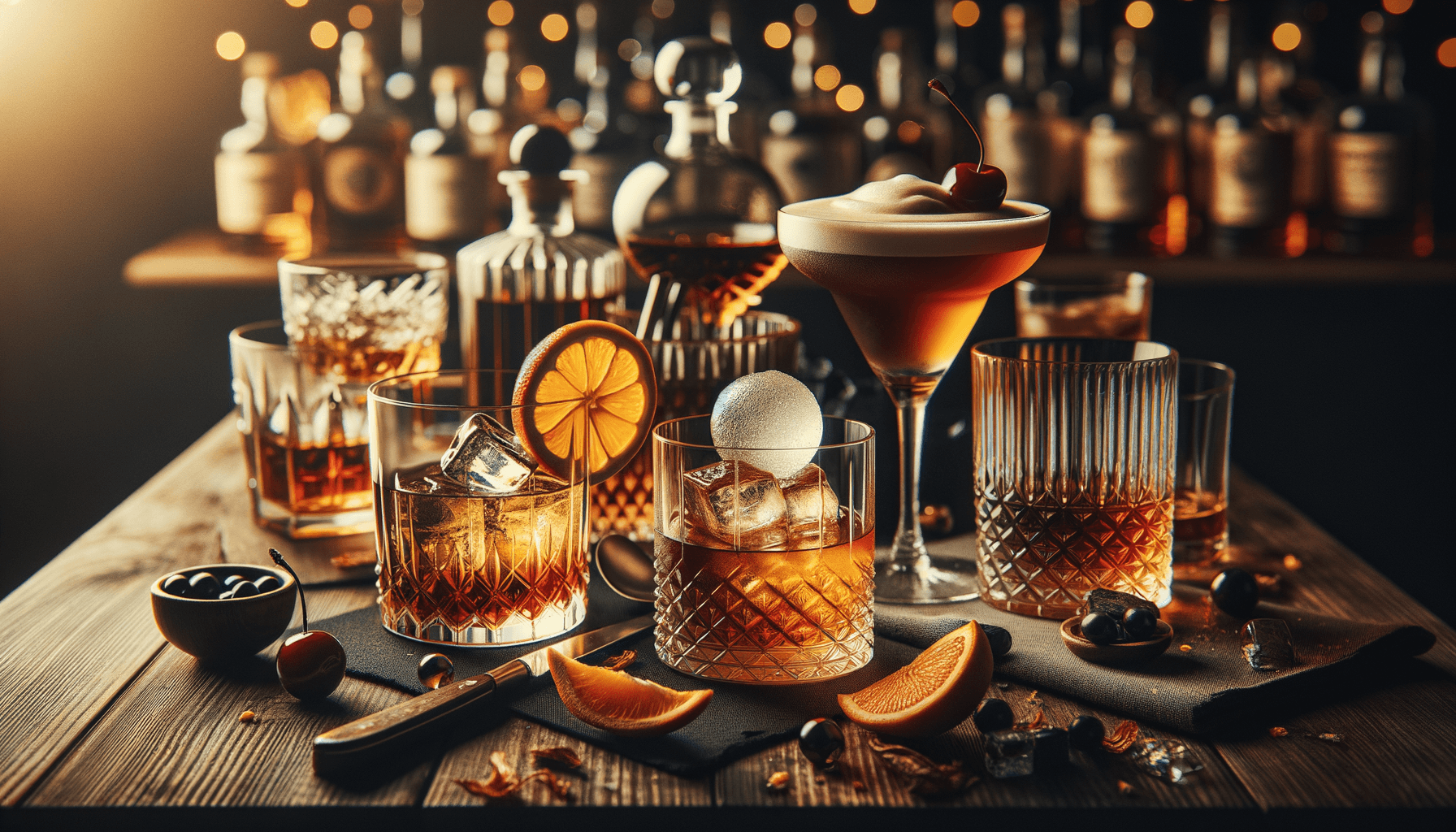 Whiskey cocktails - collection of classic whiskey-based drinks including signature serves and garnishes