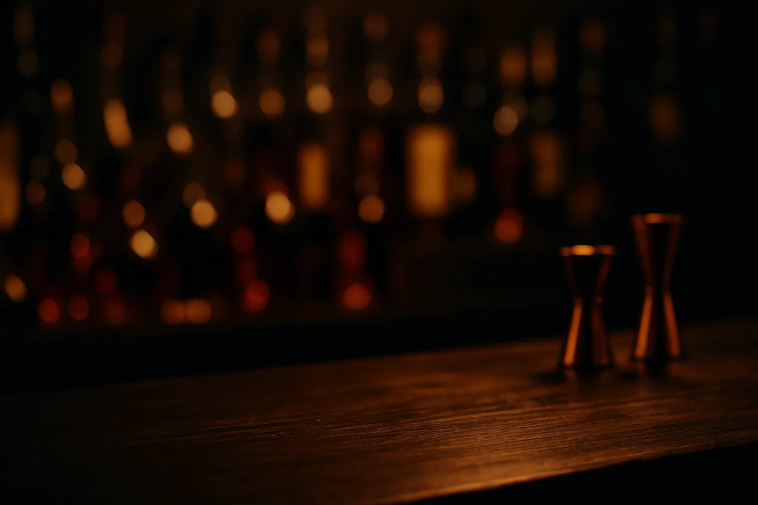 Premium bar atmosphere with amber-lit spirits bottles and crafted cocktails