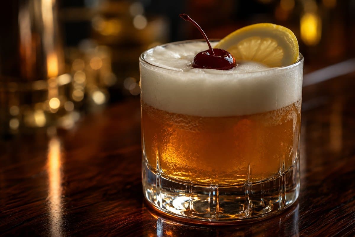 Amaretto Sour cocktail - liqueur-based served in a glass with garnish