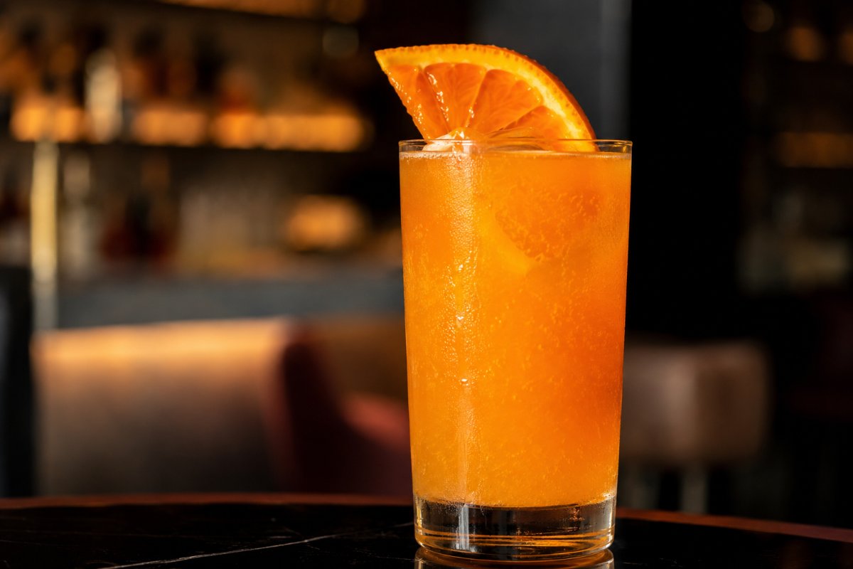 Autumn Garibaldi cocktail - gin-based served in a glass with garnish