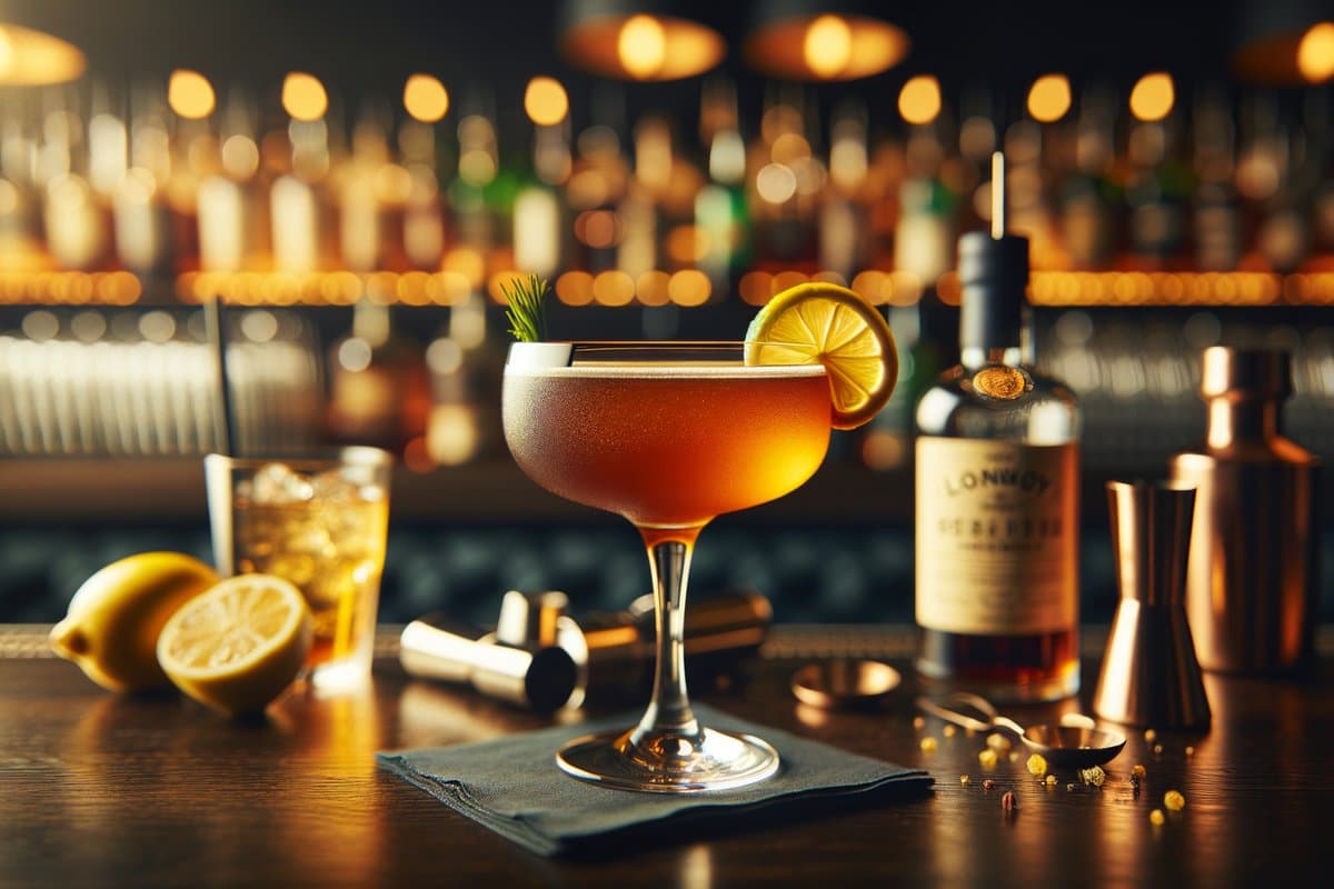 Between the Sheets cocktail - brandy-based served in coupe glass with lemon twist