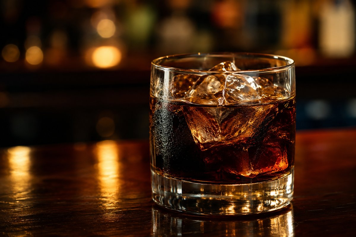 Black Russian cocktail - vodka-based served in a glass with garnish