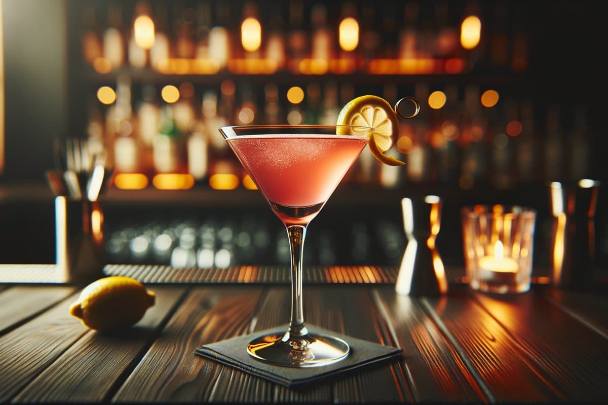 Cosmopolitan cocktail - vodka-based served in Martini Glass with Lemon twist