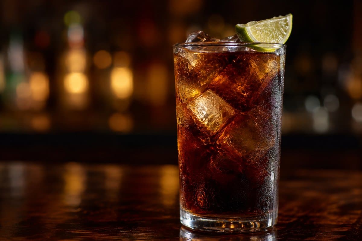 Cuba Libre cocktail - rum-based served in a glass with garnish